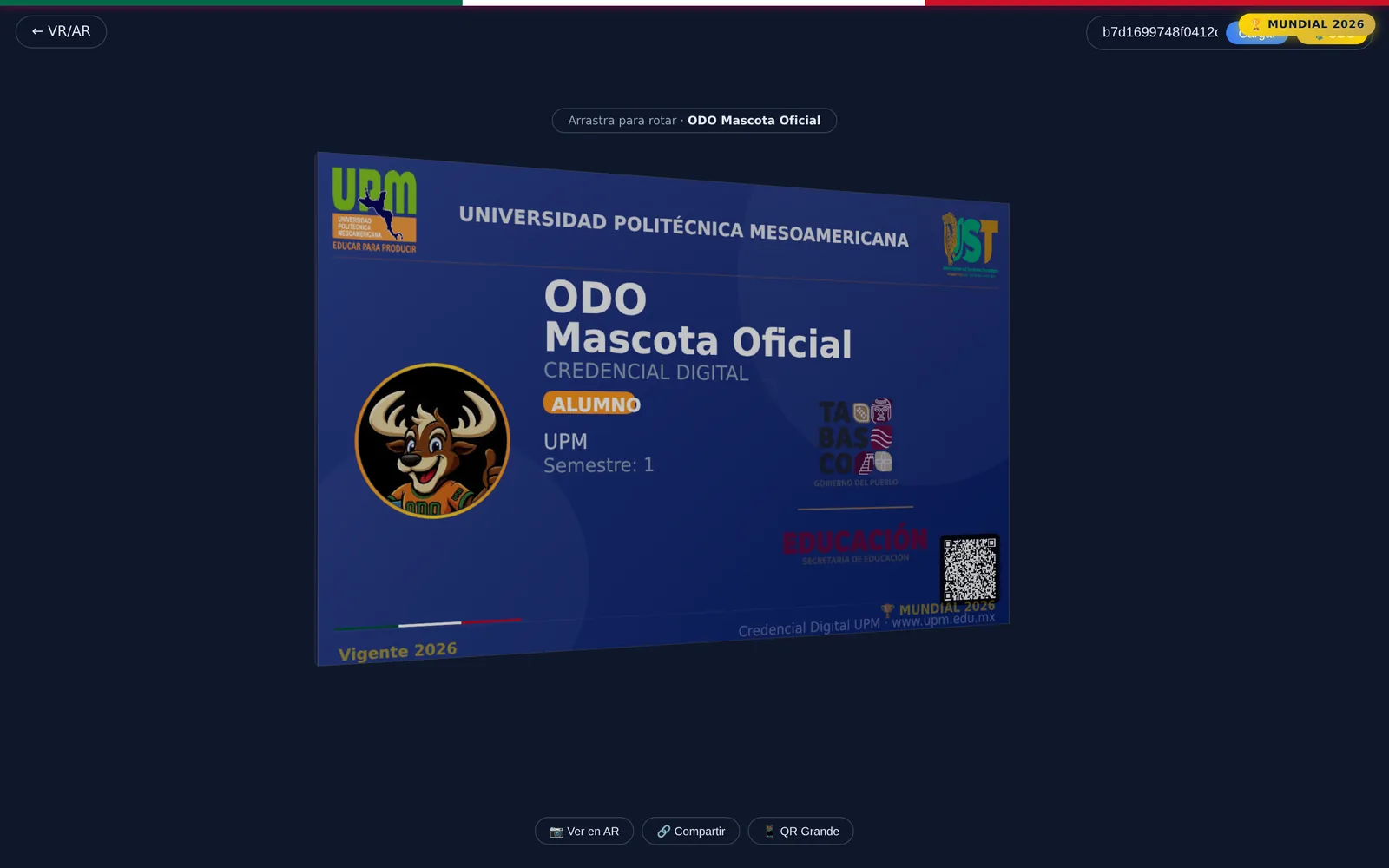 Credencial 3D de ODO Mascota Oficial en la vista social de id.upm.edu.mx, con la tarjeta rotatoria y su vigencia.
