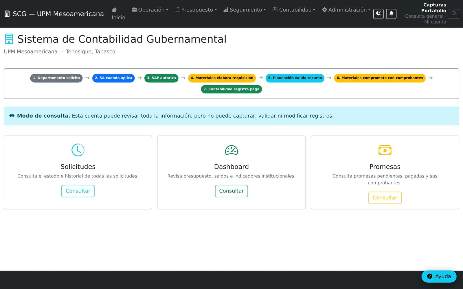 Tablero del SCG de la UPM Mesoamericana con los menus de Operaci&oacute;n, Presupuesto, Seguimientos y Contabilidad.